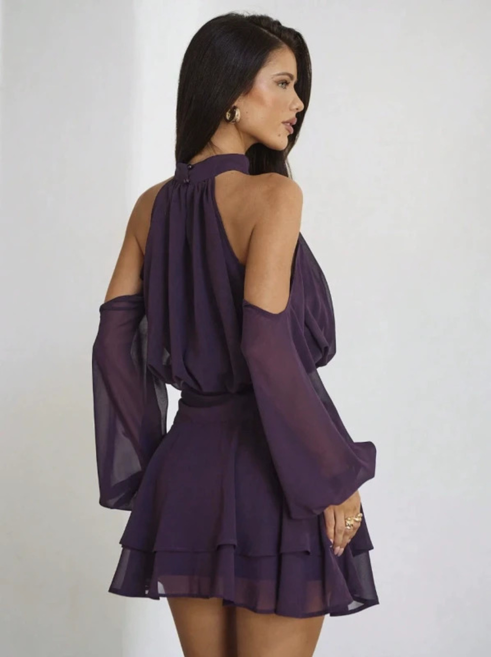 ZARA Halter Mock Neck Shoulder Cutout Sheer Flare Long Sleeves Ruffle Hem Dress